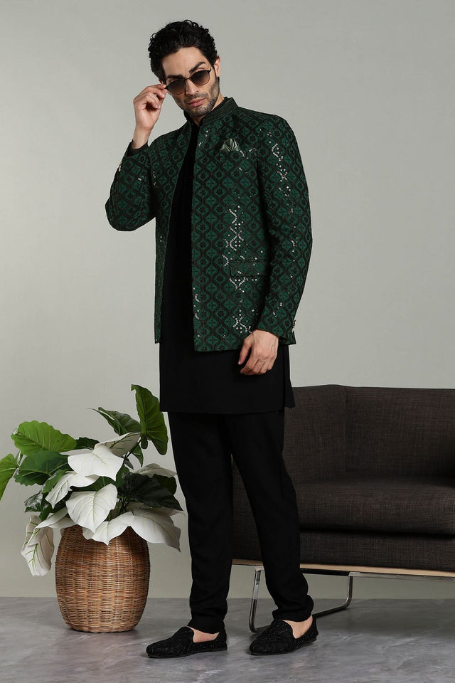 Mens Green Sequin with Embroidered Rayon Jacket with Kurta Pyjama Set (E-BG)