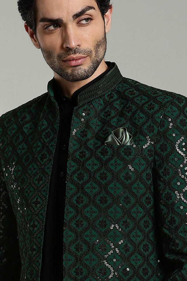Mens Green Sequin with Embroidered Rayon Jacket with Kurta Pyjama Set (E-BG)