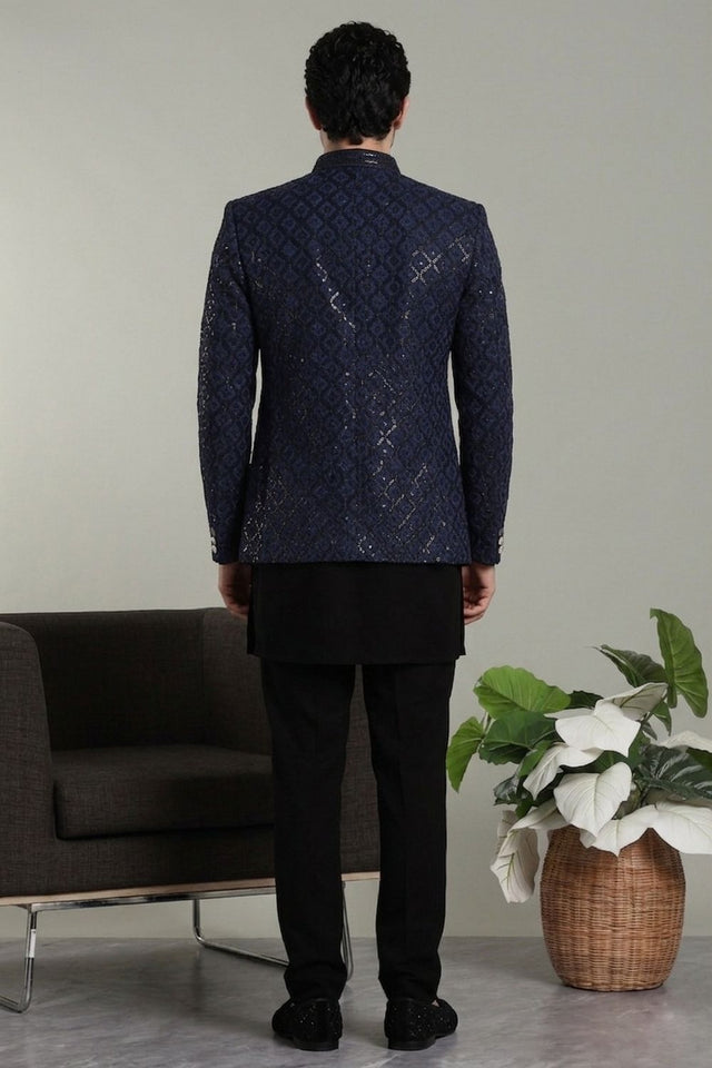 Mens Navy blue Sequin with Embroidered Rayon Jacket with Kurta Pyjama Set (E-NB)