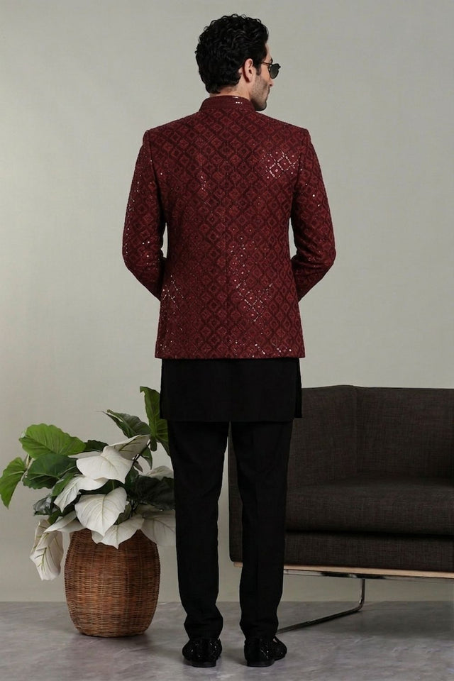 Mens Red Sequin with Embroidered Rayon Jacket with Kurta Pyjama Set (E-R)