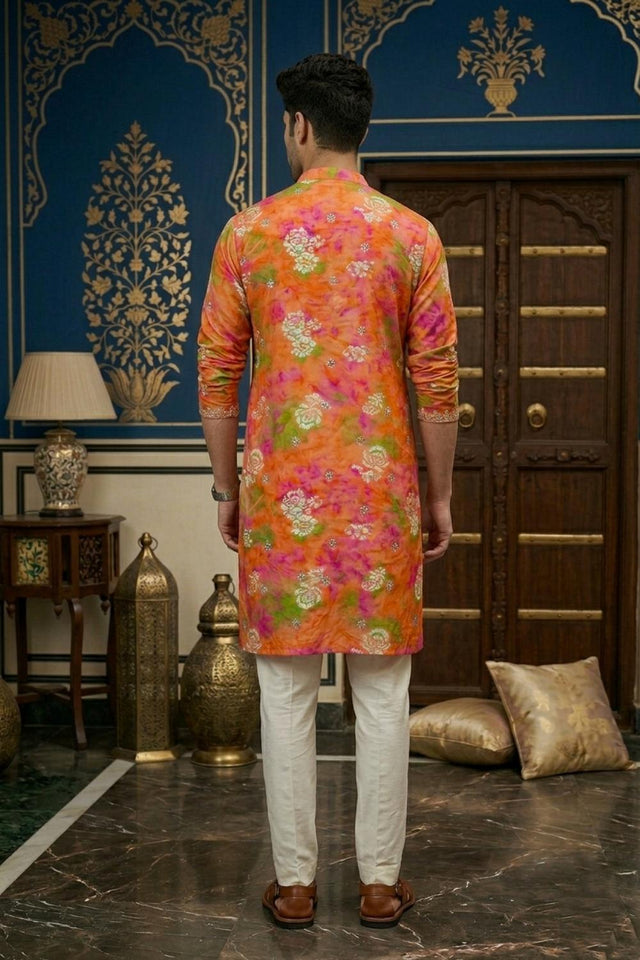Mens Orange Printed Rayon Kurta Sets (EX-2)