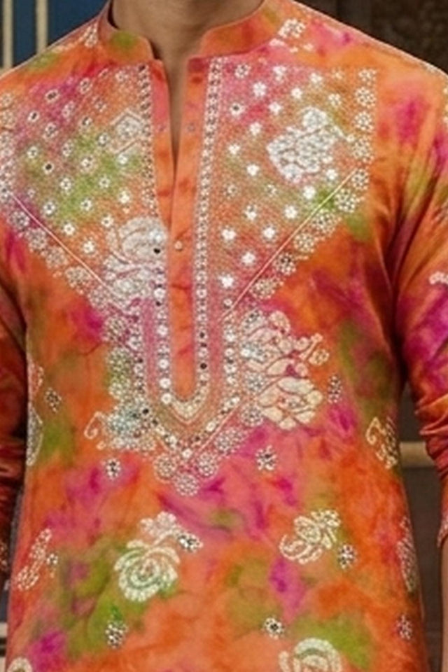 Mens Orange Printed Rayon Kurta Sets (EX-2)