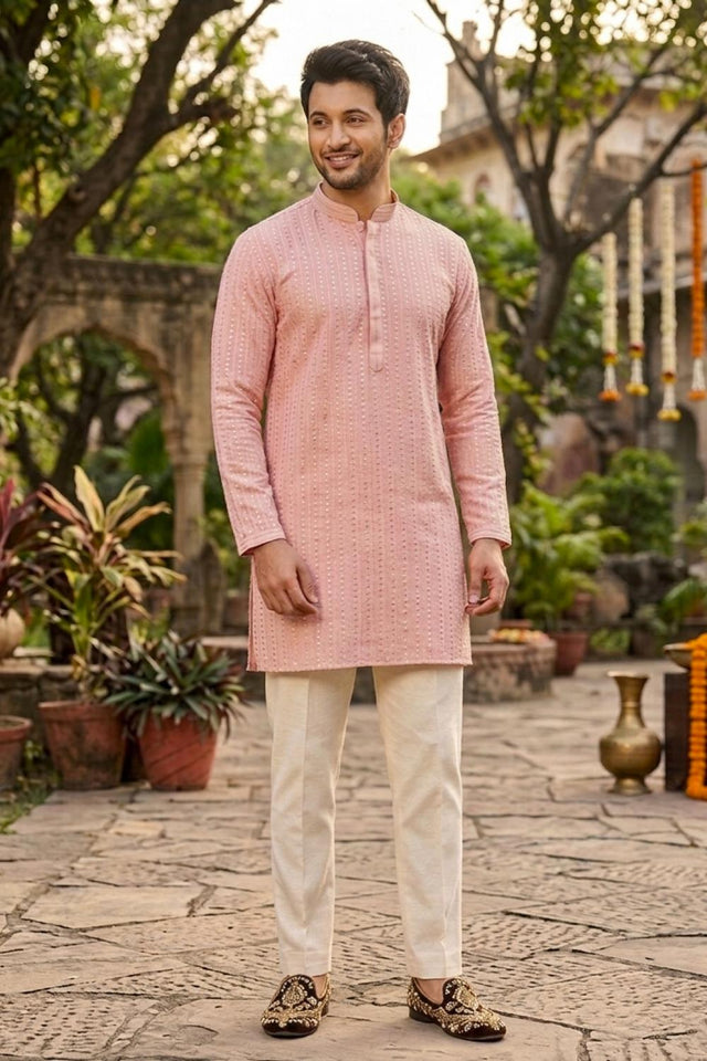 Mens Pink Embroidered Georgette Kurta Only (EX-3)