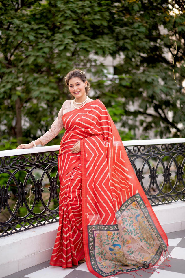 Orange Line Printed Art Silk Saree (Eth_SR_100)