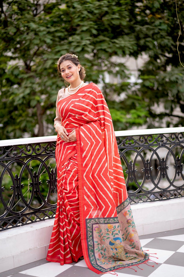 Orange Line Printed Art Silk Saree (Eth_SR_100)