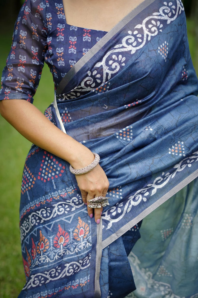 Blue Floral Printed Art Silk Saree (Eth_SR_252)