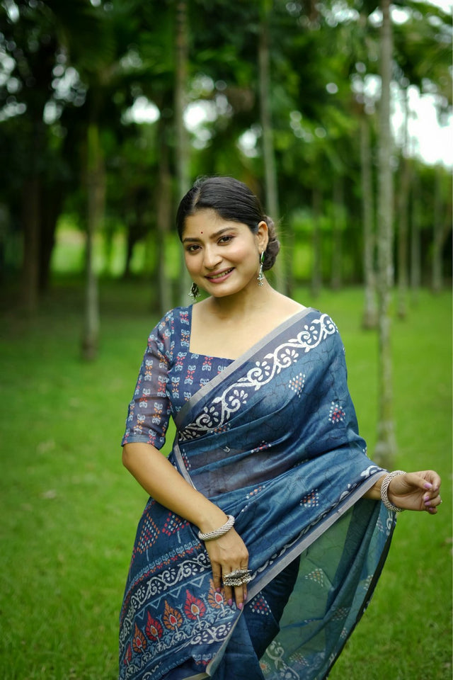 Blue Floral Printed Art Silk Saree (Eth_SR_252)