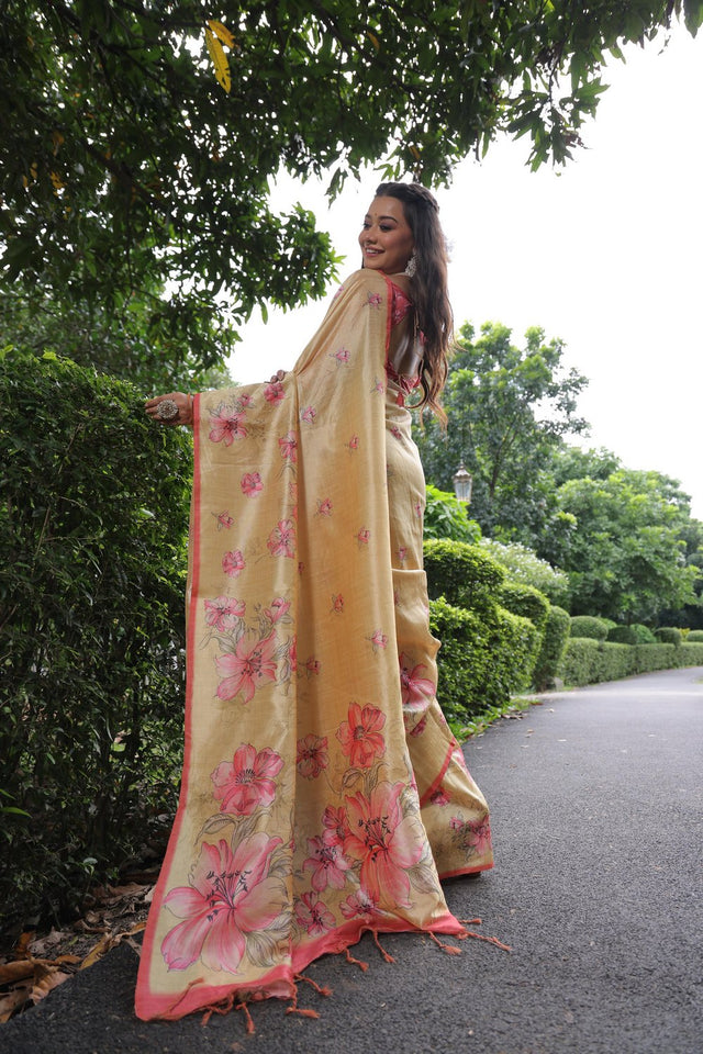 Yellow Floral Printed Art Silk Saree (Eth_SR_255)