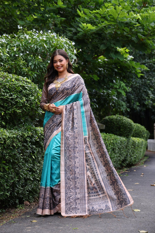 Turquoise Printed Art Silk Saree (Eth_SR_265)