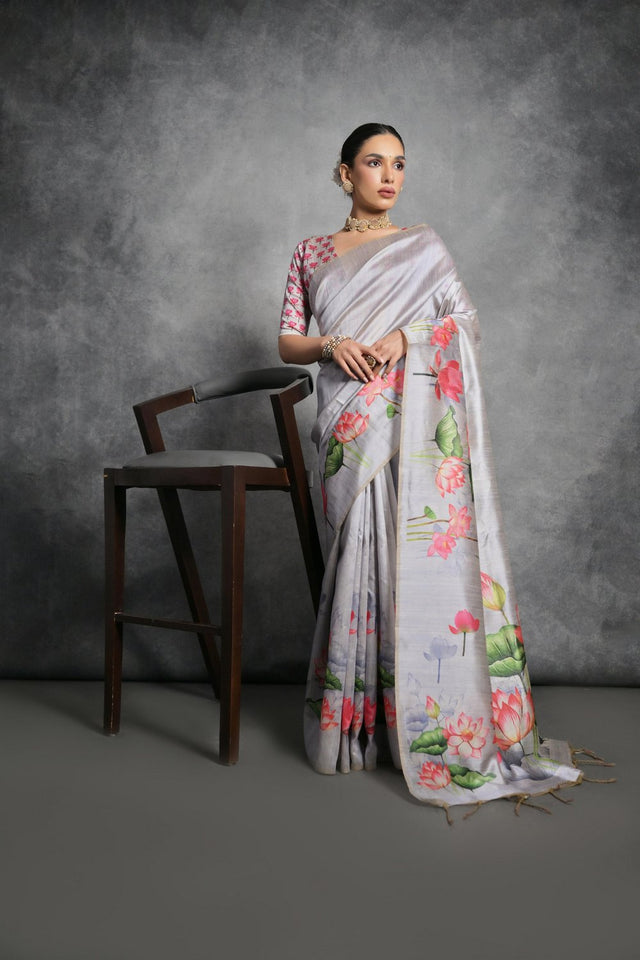 Grey Floral Printed Art Silk Saree (Eth_SR_285)
