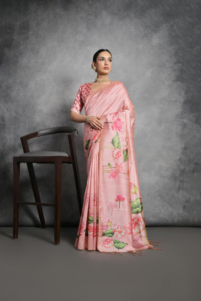 Peach Floral Printed Art Silk Saree (Eth_SR_286)