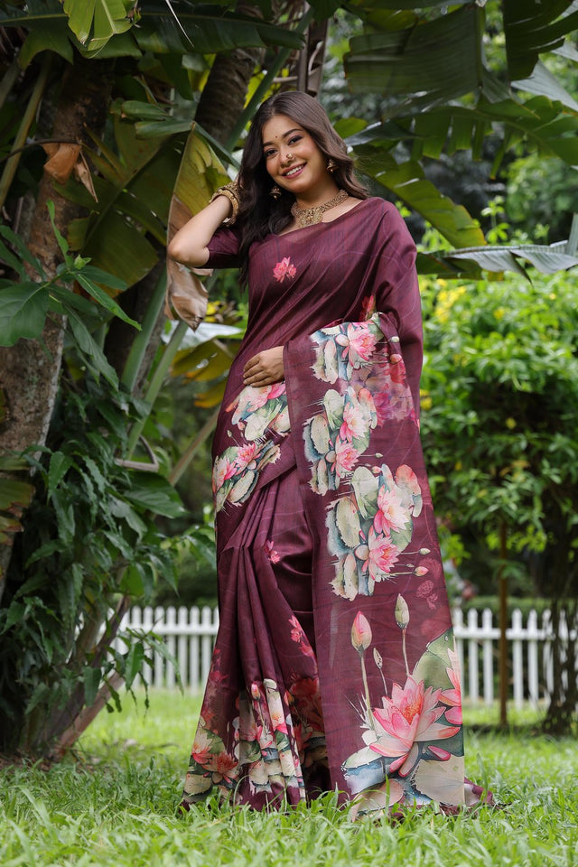 Wine Floral Printed Art Silk Saree (Eth_SR_293)