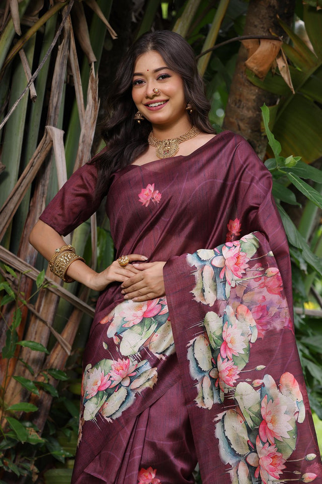 Wine Floral Printed Art Silk Saree (Eth_SR_293)