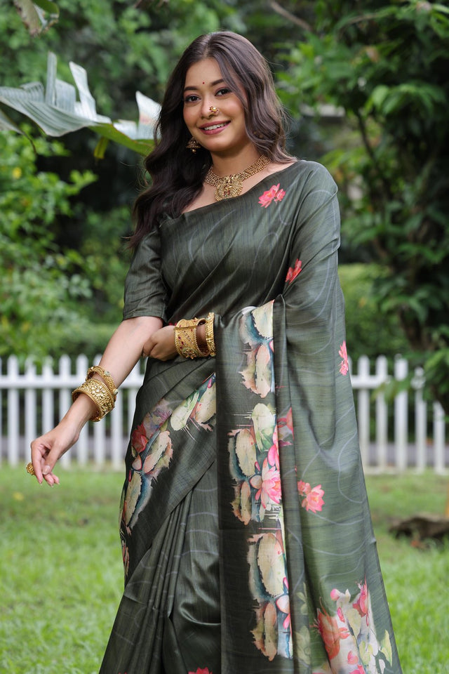 Grey Floral Printed Art Silk Saree (Eth_SR_294)