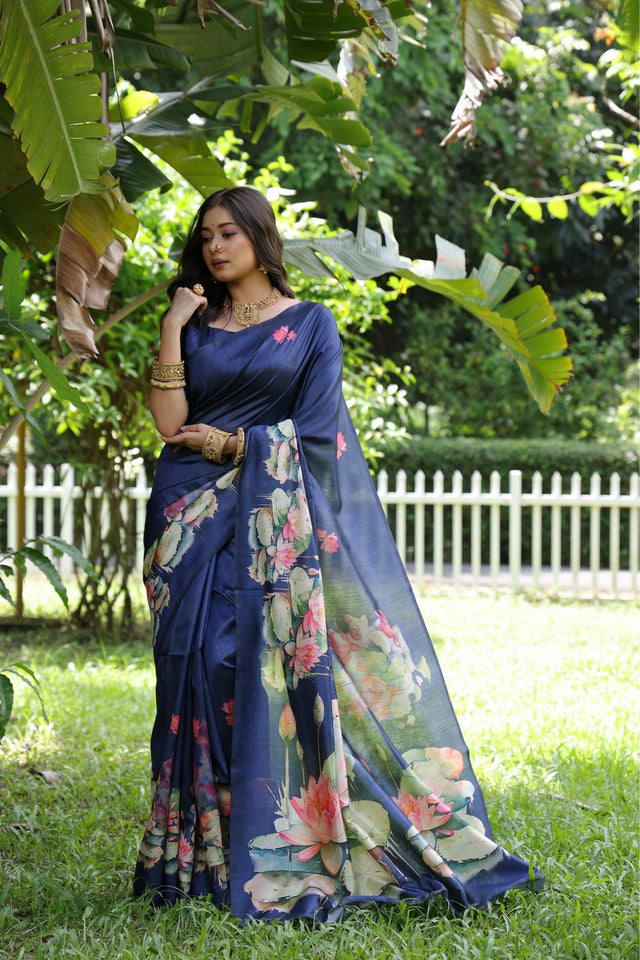 Blue Floral Printed Art Silk Saree (Eth_SR_296)