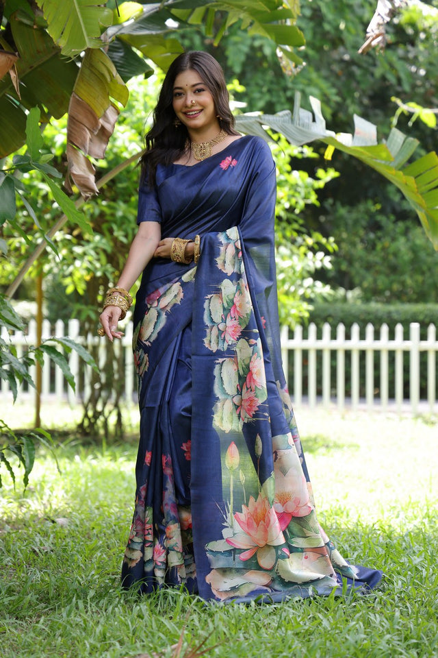 Blue Floral Printed Art Silk Saree (Eth_SR_296)
