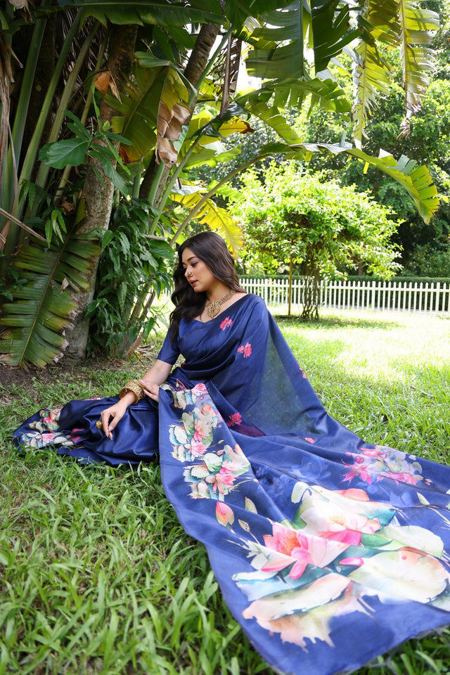 Blue Floral Printed Art Silk Saree (Eth_SR_296)