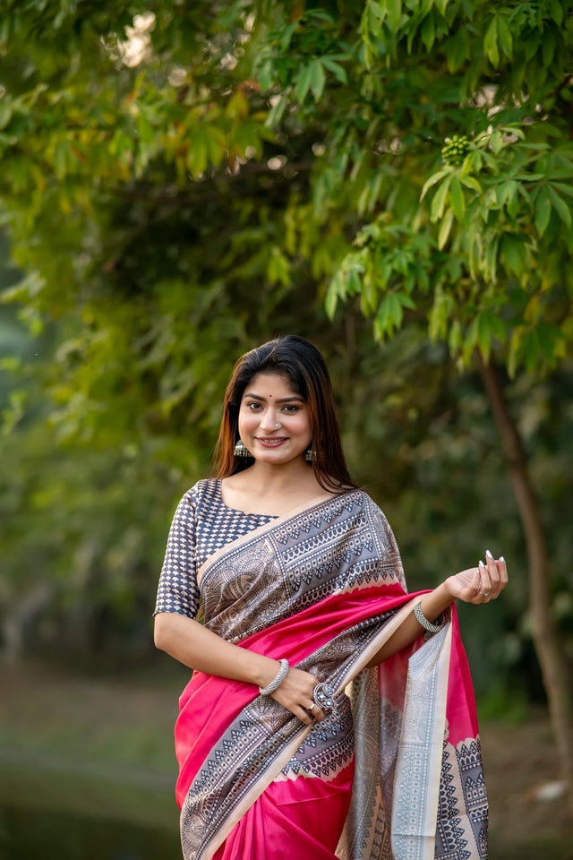 Pink Printed Art Silk Saree (Eth_SR_305)