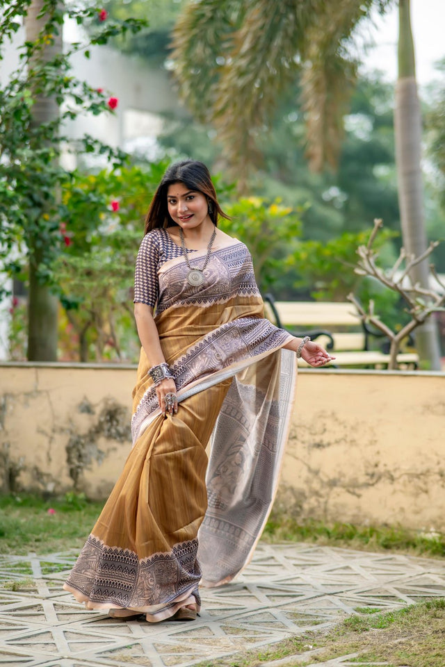 Brown Printed Art Silk Saree (Eth_SR_307)
