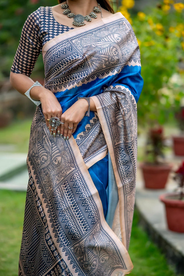 Blue Printed Art Silk Saree (Eth_SR_308)