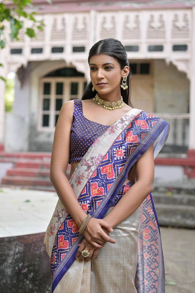 Blue Floral Printed Art Silk Saree (Eth_SR_312)