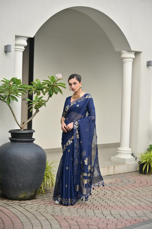 Blue Floral Woven Silk Blend Saree (Eth_SR_91)