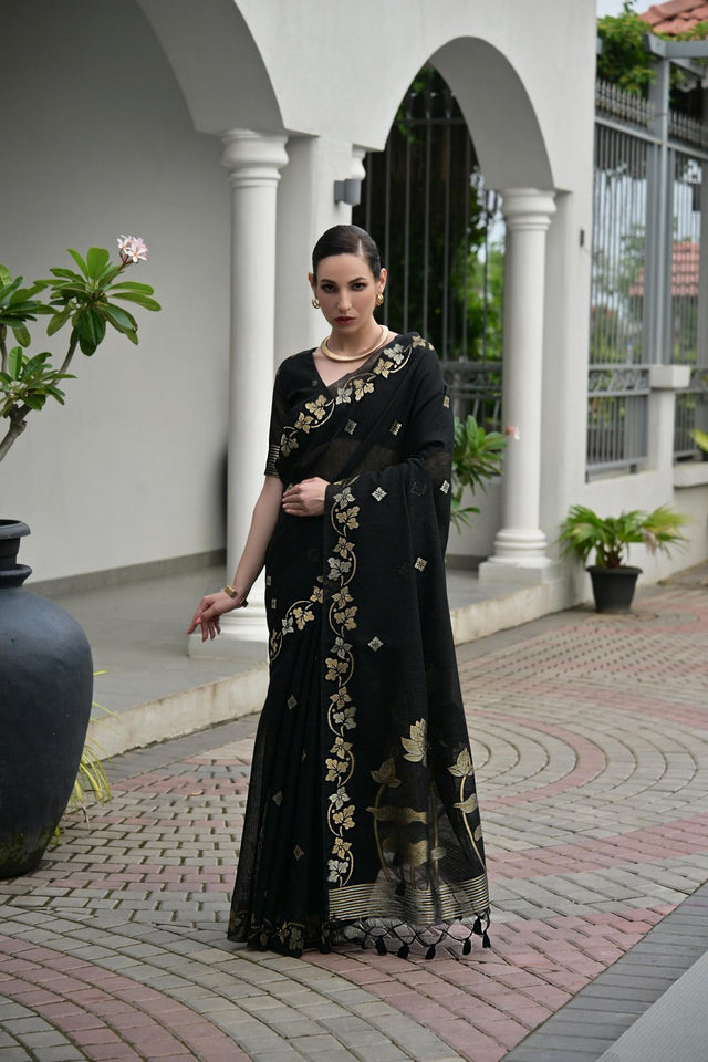 Black Floral Woven Silk Blend Saree (Eth_SR_92)