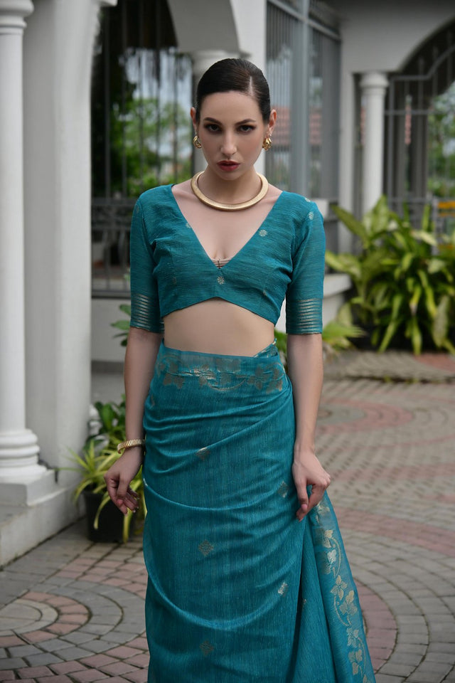 Blue Floral Woven Silk Blend Saree (Eth_SR_94)