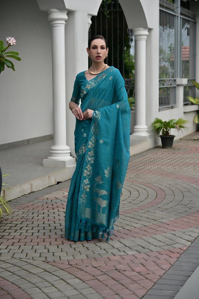 Blue Floral Woven Silk Blend Saree (Eth_SR_94)