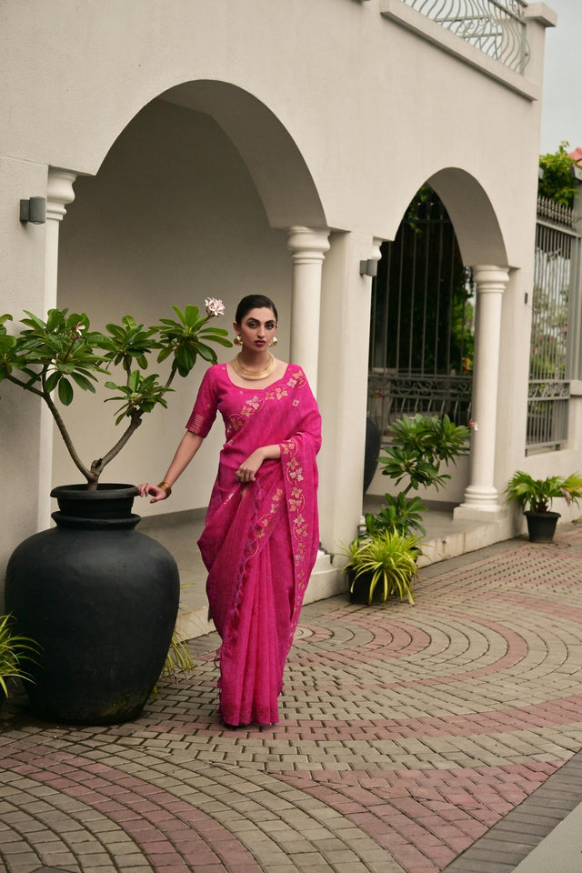 Pink Floral Woven Silk Blend Saree (Eth_SR_95)