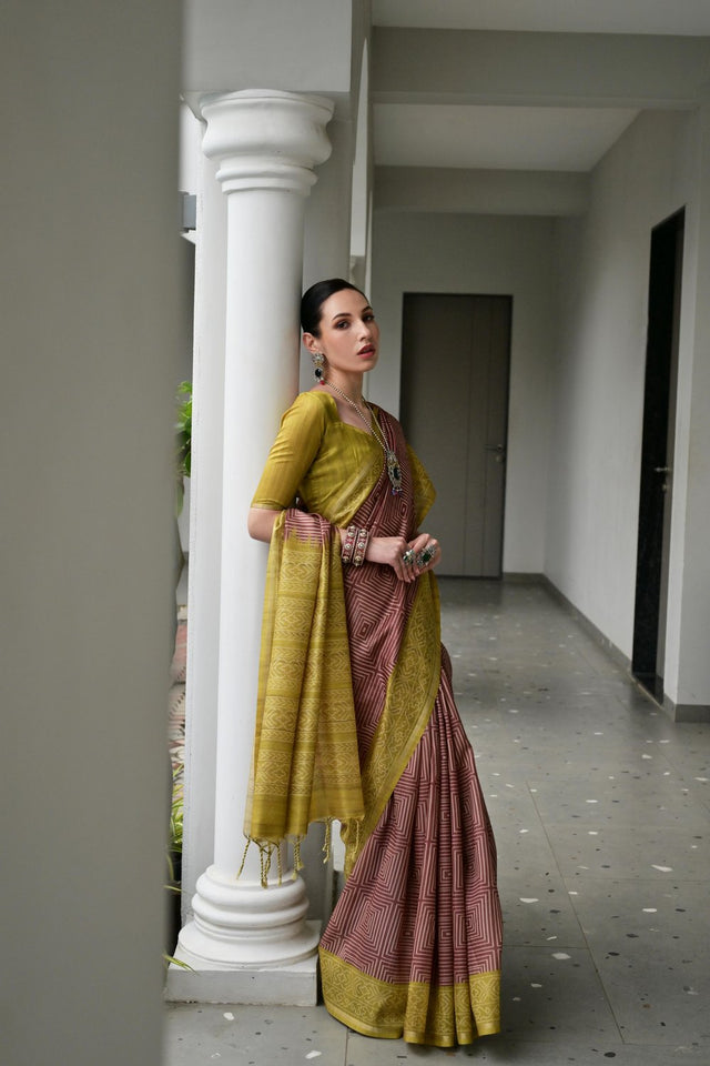 Mehendi Geometric Printed Art Silk Saree (Eth_SR_105)