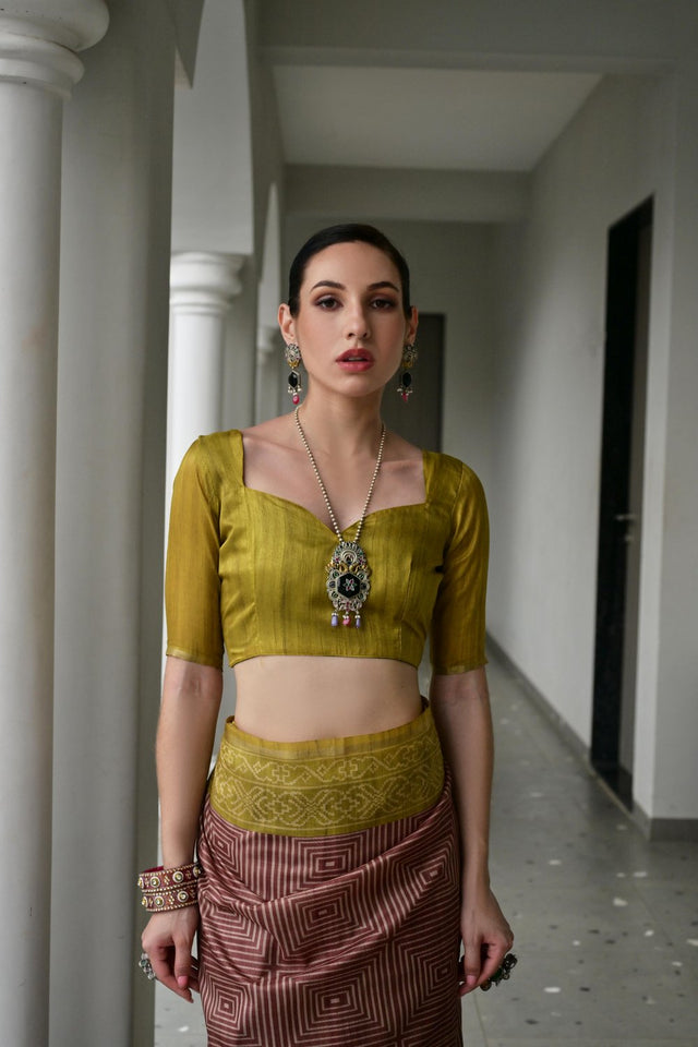 Mehendi Geometric Printed Art Silk Saree (Eth_SR_105)