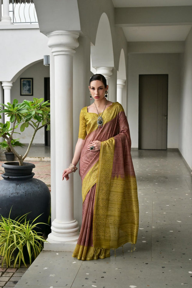 Mehendi Geometric Printed Art Silk Saree (Eth_SR_105)