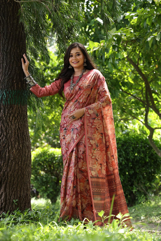 Multi Color Woven with Floral Printed Art Silk Saree (Eth_SR_112)