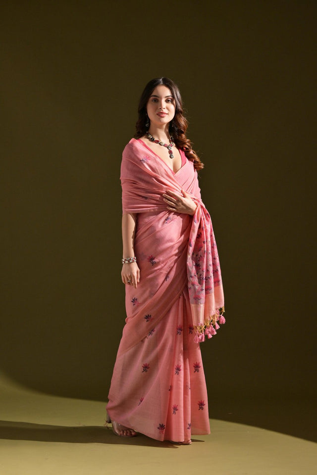Pink Floral Woven Cotton Saree (Eth_SR_120)