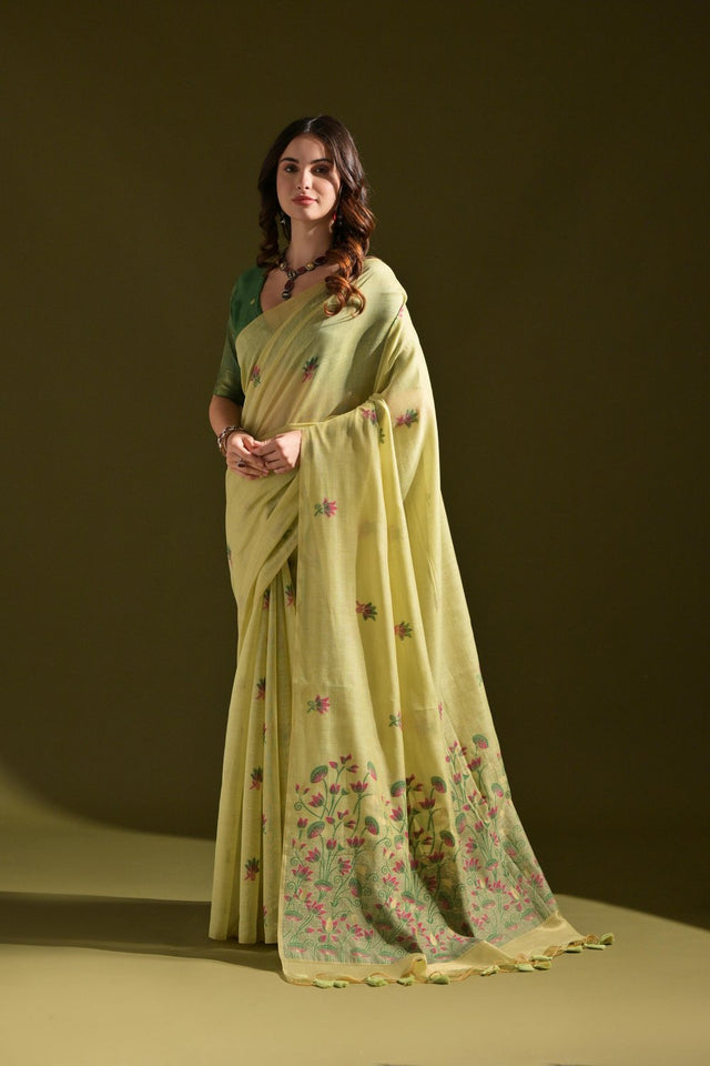 Yellow Floral Woven Cotton Saree (Eth_SR_121)