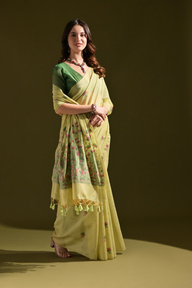 Yellow Floral Woven Cotton Saree (Eth_SR_121)