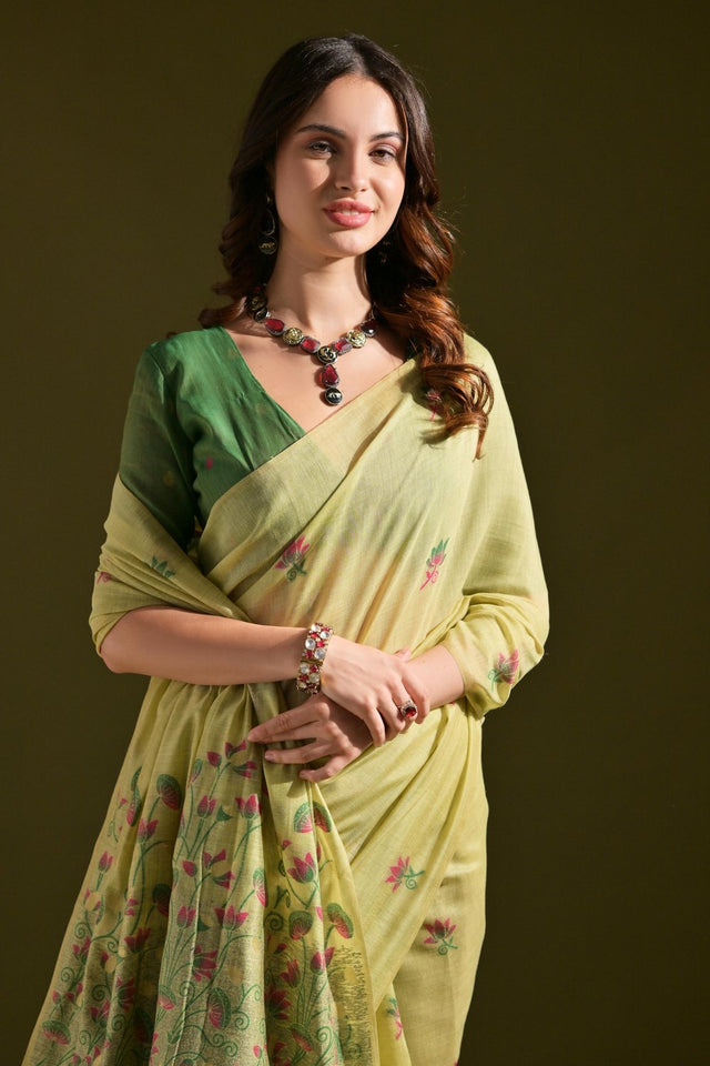 Yellow Floral Woven Cotton Saree (Eth_SR_121)