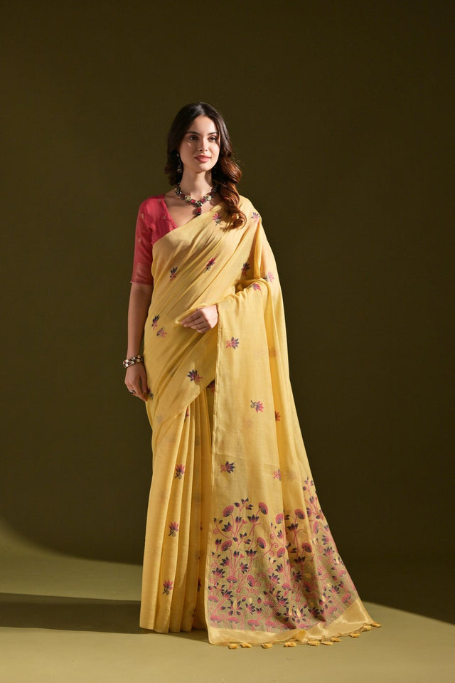 Yellow Floral Woven Cotton Saree (Eth_SR_122)