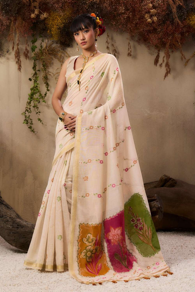 Cream Woven cotton Saree (Eth_SR_144)