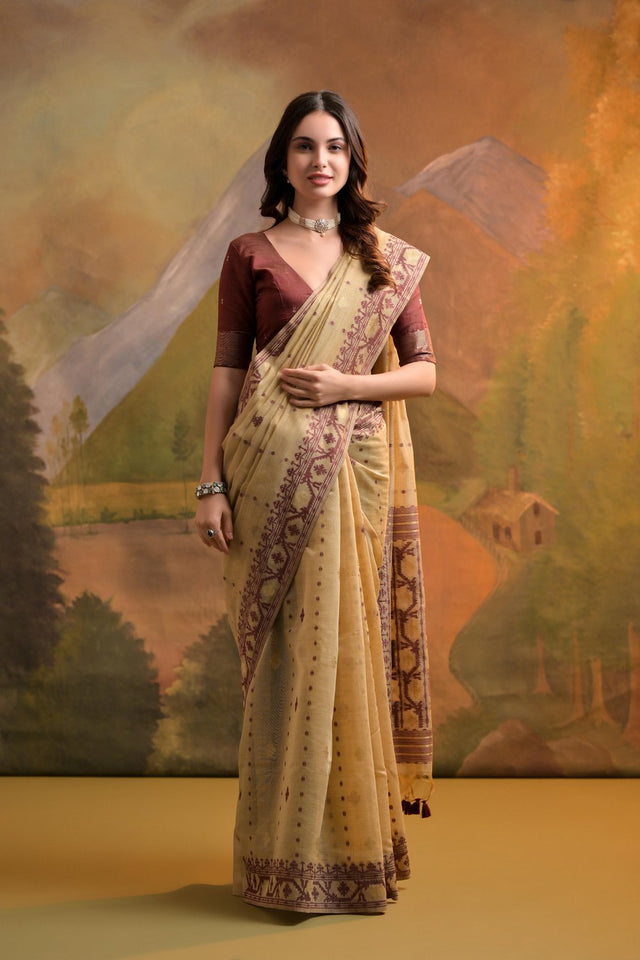 Beige Woven cotton Saree (Eth_SR_148)