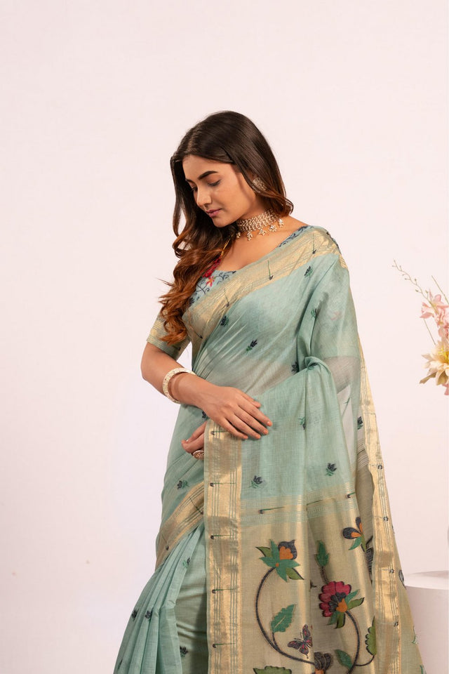 Turquoise Woven cotton Saree (Eth_SR_154)