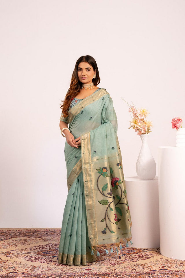 Turquoise Woven cotton Saree (Eth_SR_154)