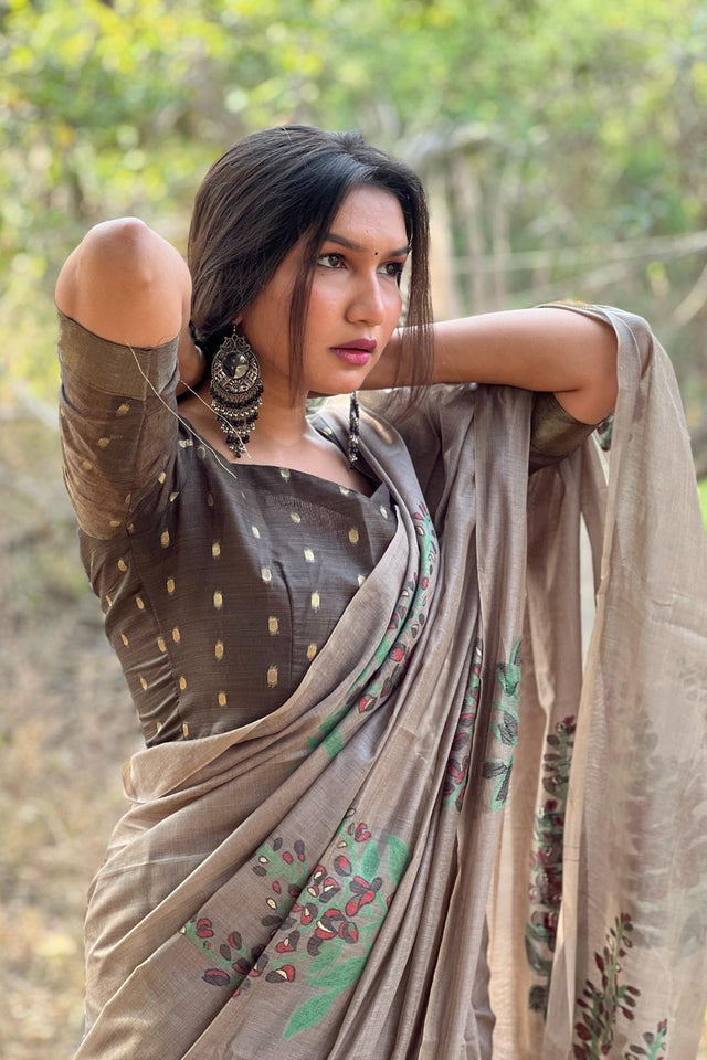Grey Floral Woven Art Silk Saree (Eth_SR_158)