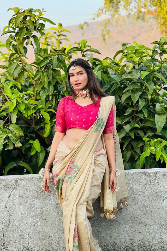 Beige Floral Woven Art Silk Saree (Eth_SR_160)