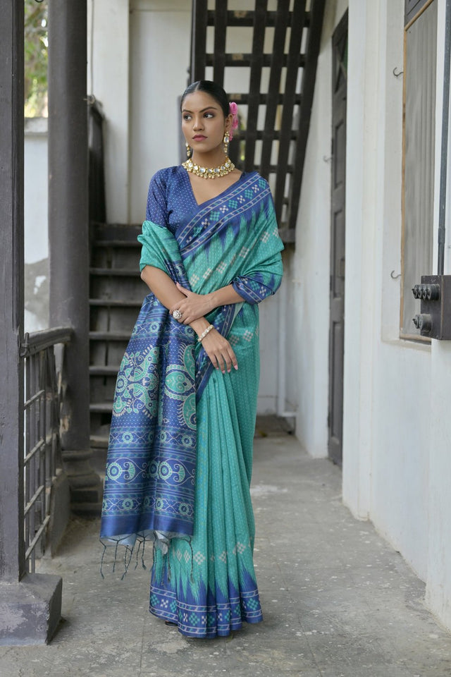 Turquoise Printed Art Silk Saree (Eth_SR_187)
