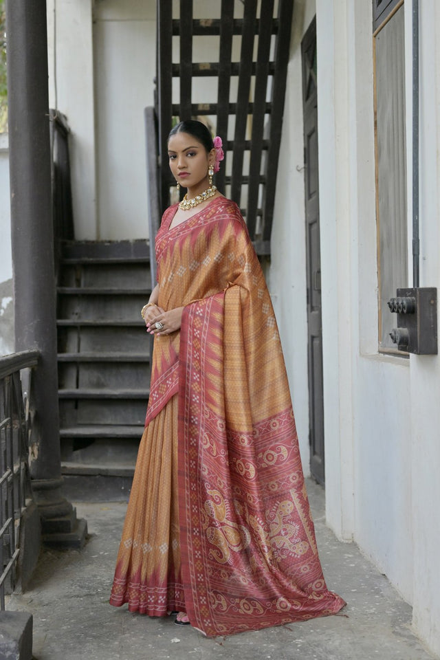Yellow Printed Art Silk Saree (Eth_SR_190)