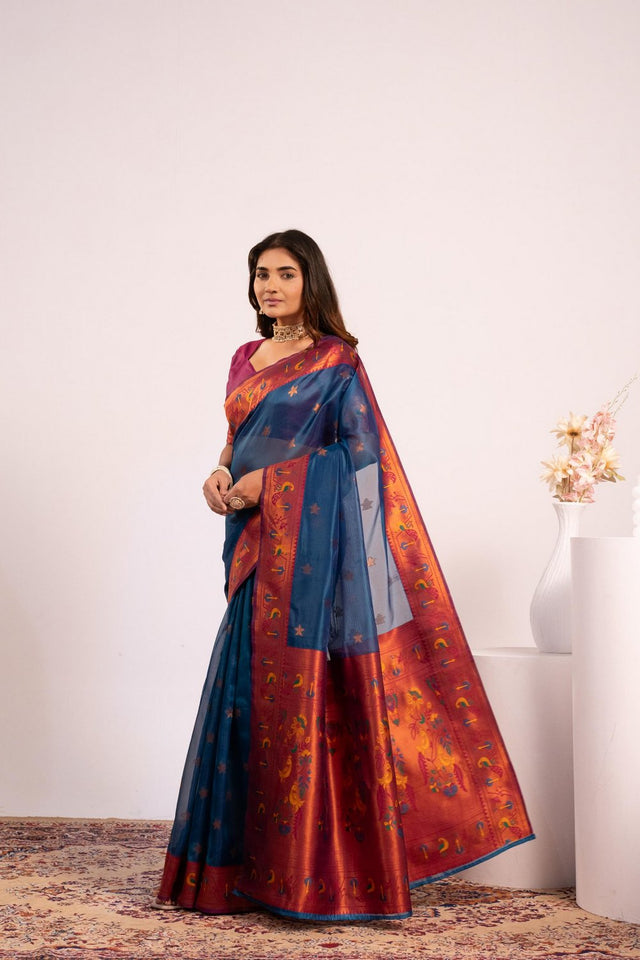 Turquoise Floral Woven Art Silk Saree (Eth_SR_194)