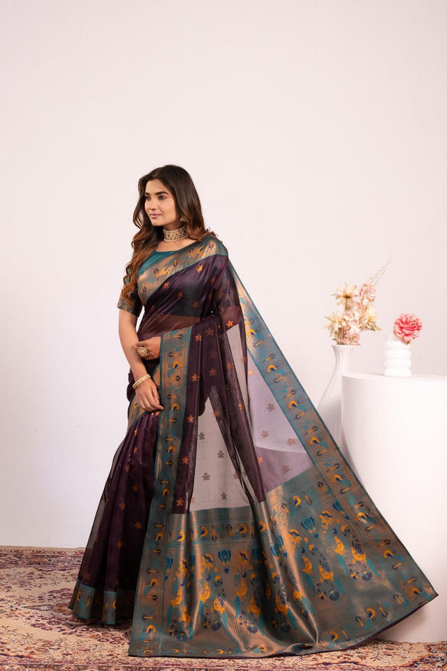 Wine Floral Woven Art Silk Saree (Eth_SR_197)