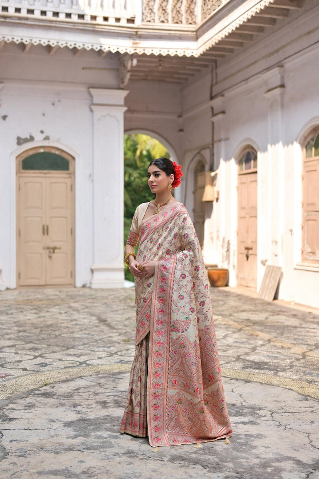 Cream Floral Woven Art Silk Saree (Eth_SR_208)